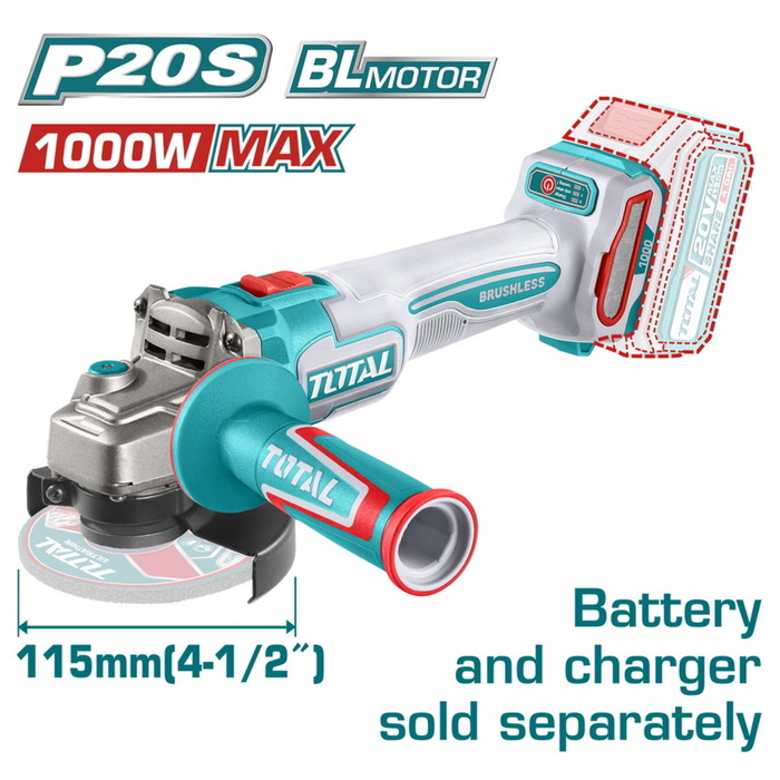TOTAL ΕΠΑΓΓ. ΓΩΝΙΑΚΟΣ ΤΡΟΧΟΣ ΜΠΑΤ. Li-ion 20V / 115mm ΧΩΡΙΣ ΜΠΑΤΑΡΙΑ & ΦΟΡΤΙΣΤΗ (TAGLI27153)