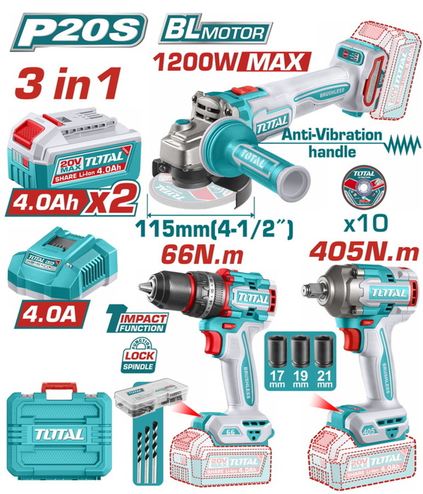 TOTAL 3 Pcs Cordless combo kit (TCKLI20358E)