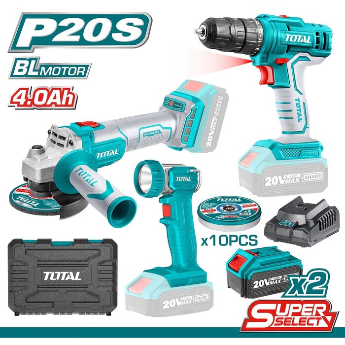 TOTAL Li-ion CORDLESS 3pcs COMPO KIT 20V / 4Ah (TCKLI2048)