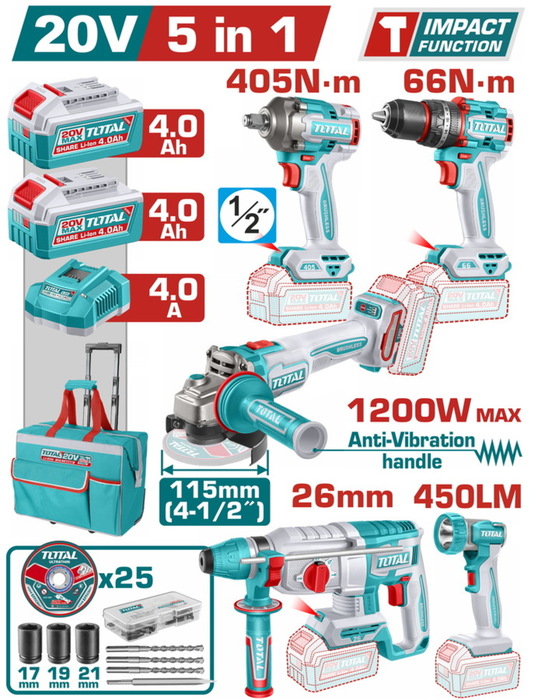 TOTAL ΕΠΑΓΓ. ΣΕΤ 5τεμ ΕΡΓΑΛΕΙΩΝ ΜΠΑΤ. Li-ion 20V / 4Ah / 2 ΜΠΑΤΑΡΙΕΣ (TCKLI20595E)
