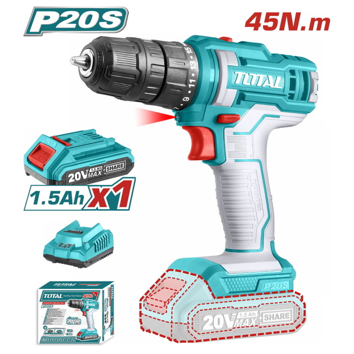 TOTAL Lithium-ion cordless drill 20V / 1.5Ah / 45Nm (TDLI20051)