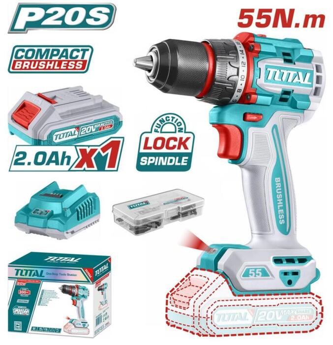TOTAL ΕΠΑΓΓ. ΔΡΑΠ/ΒΙΔΟ ΜΠΑΤ. Li-ion 20V / 2Ah / 55Nm / 2 ΜΠΑΤ BL Motor (TDLI205582E)
