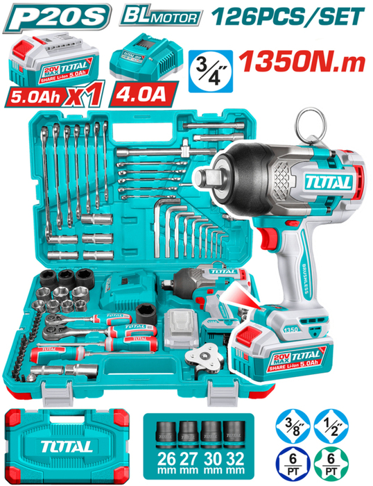 TOTAL 126 Pcs Cordless impact wrench tools set (THKTHP31262)