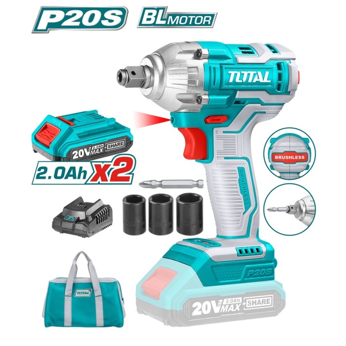 TOTAL Lithium-ion cordless impact driver & wrench 20V / 2Ah (TIWLI20208)