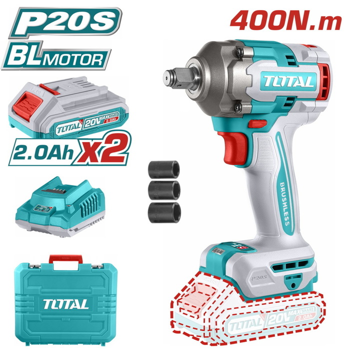 TOTAL Cordless impact wrench Li-ion 20V / 2Ah / 400Nm (TIWLI2040E)