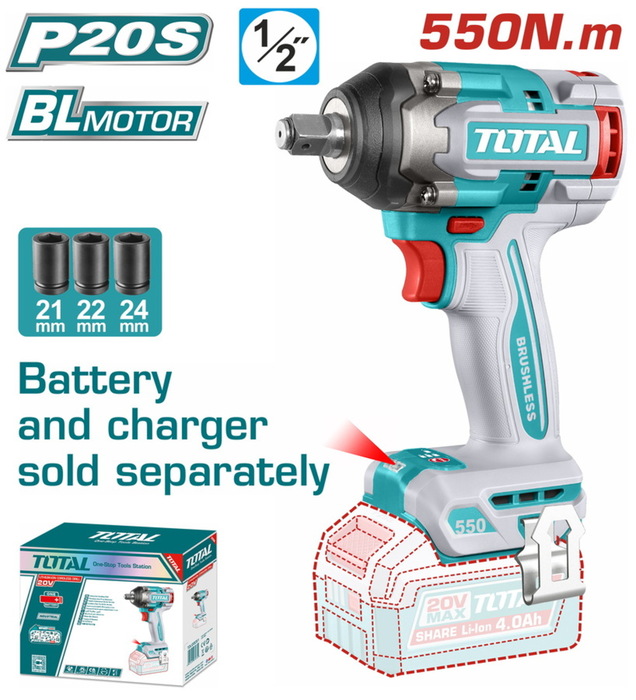 TOTAL ΕΠΑΓΓ. ΜΠΟΥΛΟΝΟΚΛΕΙΔΟ ΜΠΑΤ. Li-ion 20V / 550Nm ΧΩΡΙΣ ΜΠΑΤΑΡΙΑ & ΦΟΡΤΙΣΤΗ BL Motor (TIWLI20551)