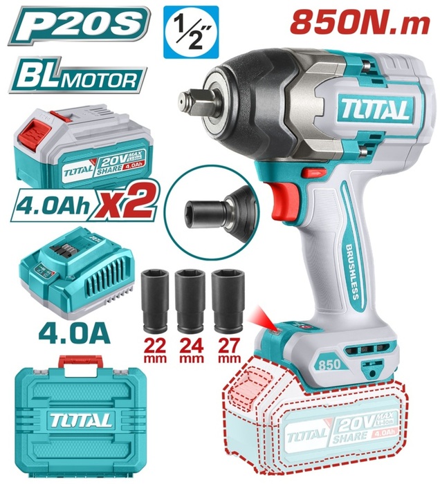 TOTAL ΕΠΑΓΓ. ΜΠΟΥΛΟΝΟΚΛΕΙΔΟ ΜΠΑΤ. Li-ion 20V / 4Ah / 850Nm / 2 ΜΠΑΤΑΡΙΕΣ (TIWLI2085)