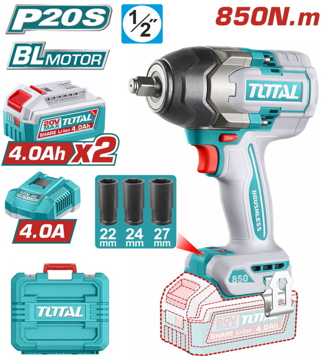 TOTAL ΕΠΑΓΓ. ΜΠΟΥΛΟΝΟΚΛΕΙΔΟ ΜΠΑΤ. Li-ion 20V / 4Ah / 850Nm / 2 ΜΠΑΤΑΡΙΕΣ (TIWLI2085E)