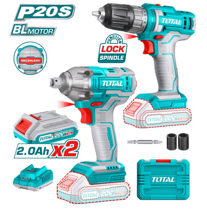 TOTAL Cordless 2 pcs combo kit Li-ion 20V / 2Ah / (TOSLI230702)