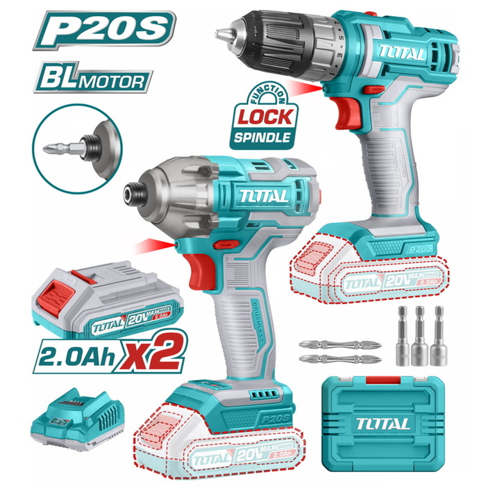 TOTAL Lithium-Ion cordless 2 pcs combo kit 20V / 2Ah (TOSLI230708)