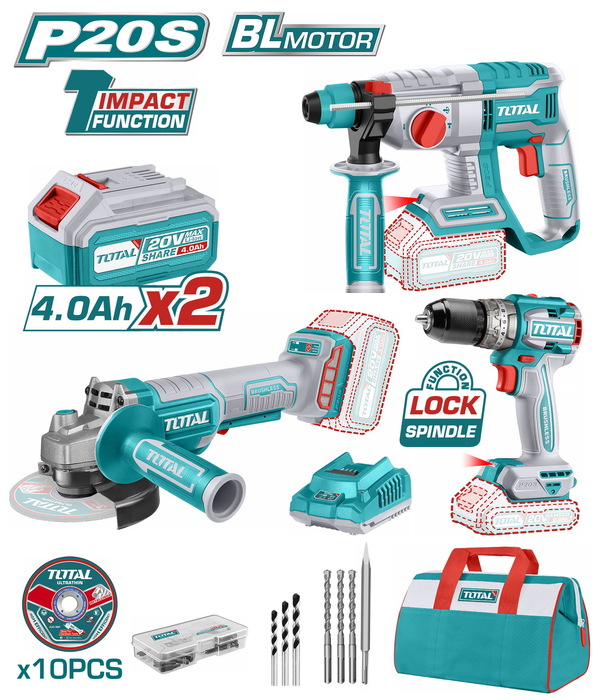 TOTAL Cordless 3 pcs combo kit Li-ion 20V / 4Ah (TOSLI240202)