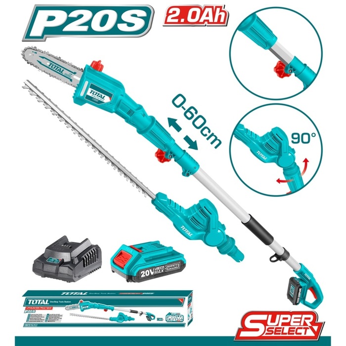 TOTAL Lithium-ion pole saw with pole hedge trimmer 20V (TPTS201681)