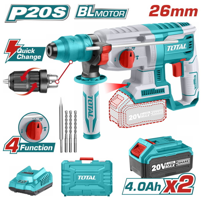 TOTAL Lithium-ion rotary hammer 20V / 4Ah (TRHLI202289)