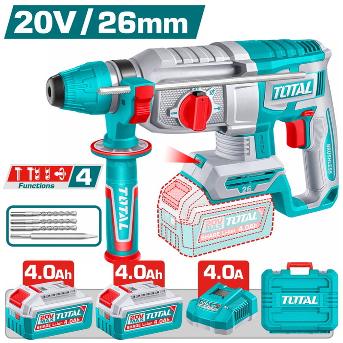 TOTAL ΕΠΑΓΓ. ΣΕΤ ΠΝΕΥΜΑΤΙΚΟ ΠΙΣΤΟΛΕΤΟ ΜΠΑΤ. Li-ion 20V/26mm/4Ah/2 ΜΠΑΤ BL Motor (TRHLI262085E)