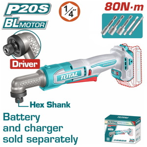 TOTAL ΕΠΑΓΓ. ΠΑΛΜΙΚΟ ΓΩΝΙΑΚΟ ΚΑΤΣΑΒΙΔΙ 1/4"/ 80Nm HEX ΜΠΑΤ Li-ion 20V SOLO BL Motor (TAIRLI2081)
