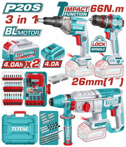 TOTAL ΕΠΑΓΓ ΣΕΤ ΔΡΑΠ/ΔΟ ΚΡΟΥΣΤ. 66Nm+ΠΝΕΥΜ ΠΙΣΤΟΛ+ΚΑΤΣΑΒ ΓΥΨ ΜΠΑΤ Li-ion 20V BL Motor (TOSLI250591E)