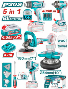 TOTAL ΕΠΑΓΓ. ΣΕΤ 5τεμ ΕΡΓΑΛΕΙΩΝ ΜΠΑΤ. Li-ion 20V / 4Ah / 2 ΜΠΑΤΑΡΙΕΣ BL Motor (TOSLI250592E)